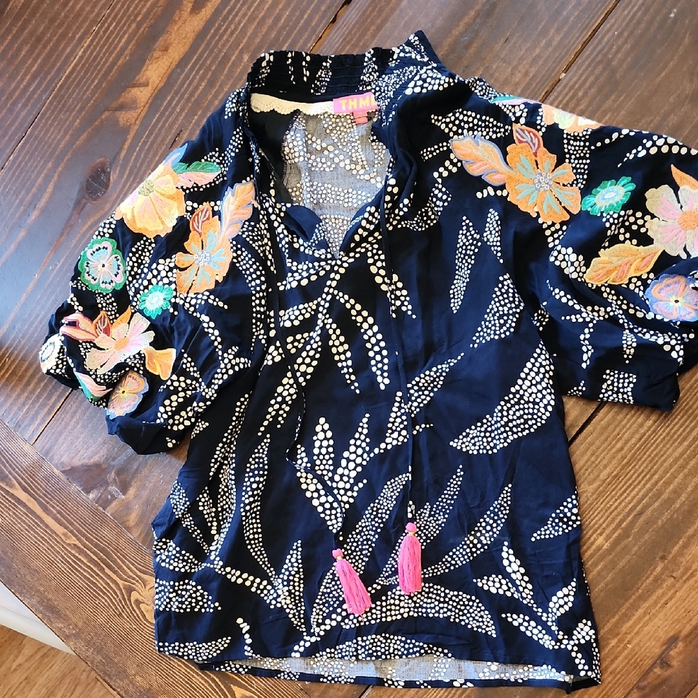 Floral Embroidered Womens Top - Black